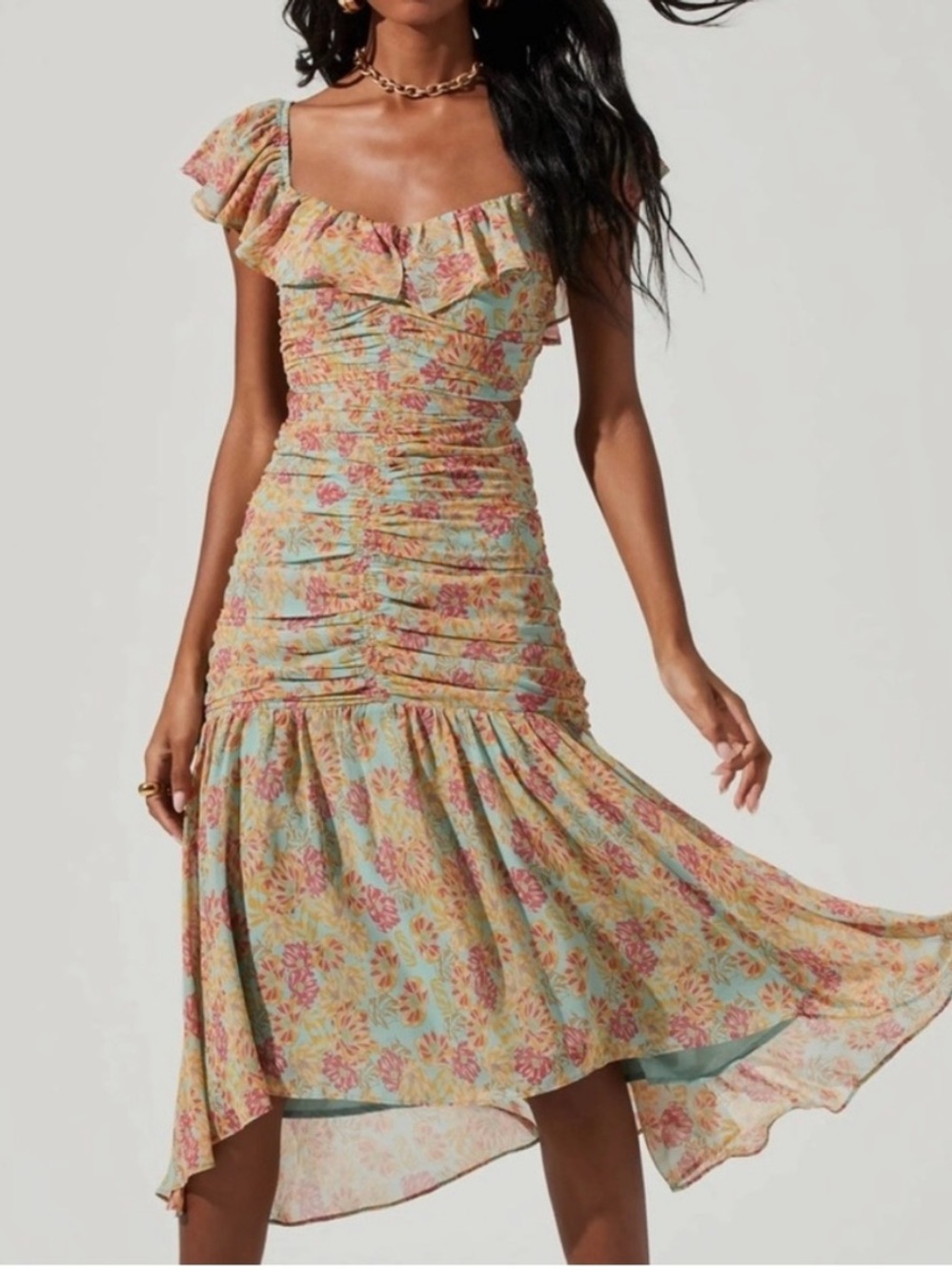 Astr Floral Ruched High-Low Midi Dress in Pastel Yellow and Mint